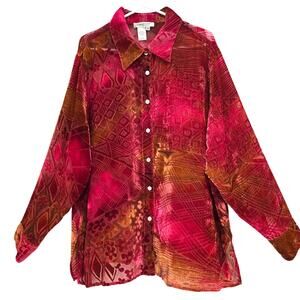 Coldwater Creek 3X Velvet Burnout Geo Print Button-Up Shirt Berry Pink Copper